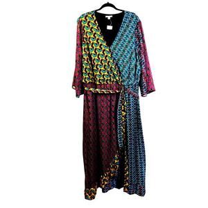 CATO Dress Maxi Faux Wrap Patchwork‎ 3/4 Sleeve Lined Boho V-Neck Belted NWOT